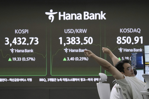 A currency trader stretches near a screen showing the Korea Composite Stock Price Index (KOSPI), left, and the foreign exchange rate between U.S. dollar and South Korean won, center, at the foreign exchange dealing room of the Hana Bank headquarters in Seoul, South Korea, Thursday, July 18, 2025. (AP Photo/Ahn Young-joon)