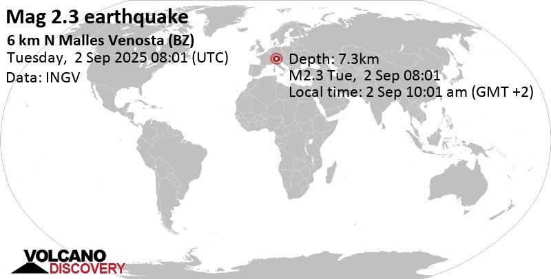 2.3 quake 48 km west of Merano, South Tyrol, Trentino-Alto Adige, Italy, Sep 2, 2025 10:01 am (GMT +2)
