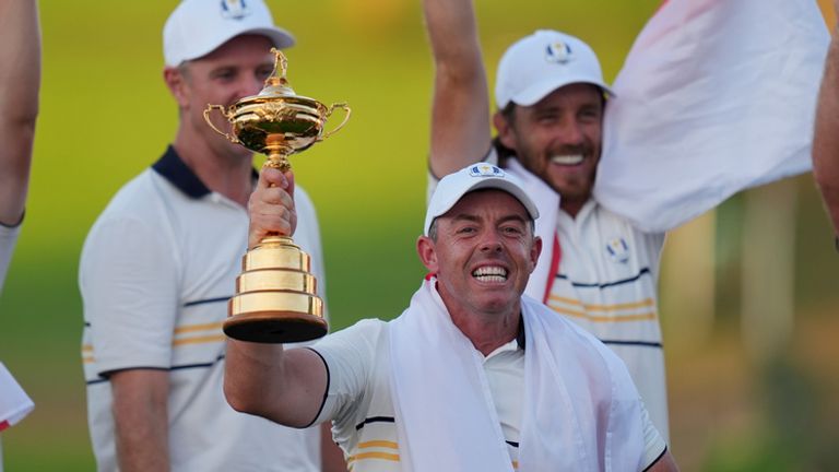 Europe with the Ryder Cup trophy. Pic: AP