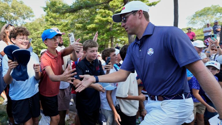 United States' Ben Griffin greets fans on the 14th hole during a practice round for the Ryder Cup golf tournament