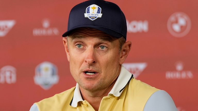Europe's Justin Rose speaks during a news conference at the Ryder Cup golf tournament, Wednesday