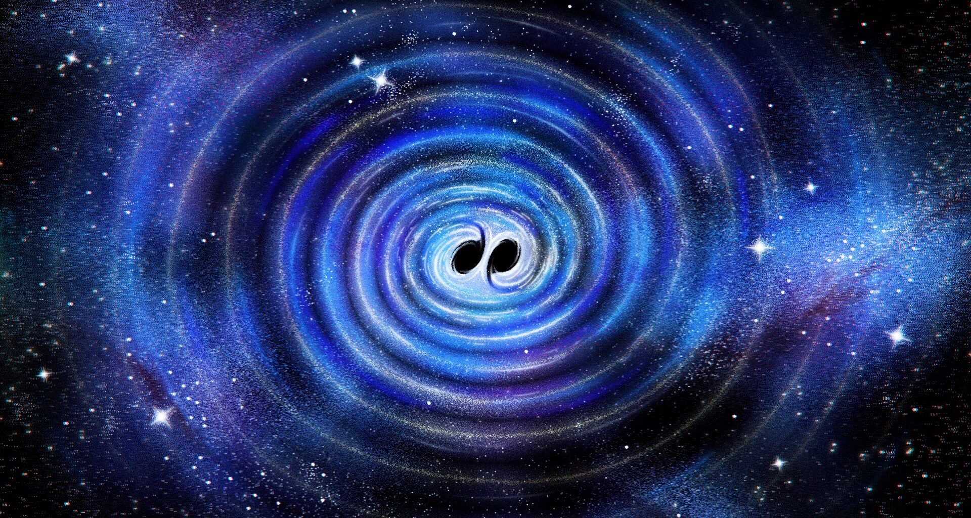 An illustration of gravitational waves rippling through the cosmos as two black holes begin to merge.