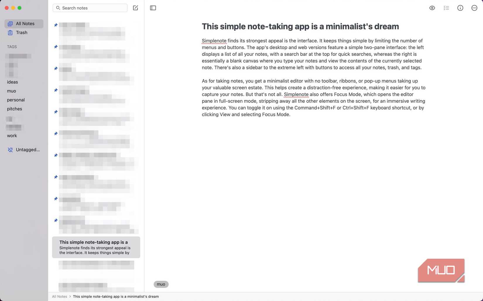 Left sidebar in macOS Simplenote app showing a list of existing tags.