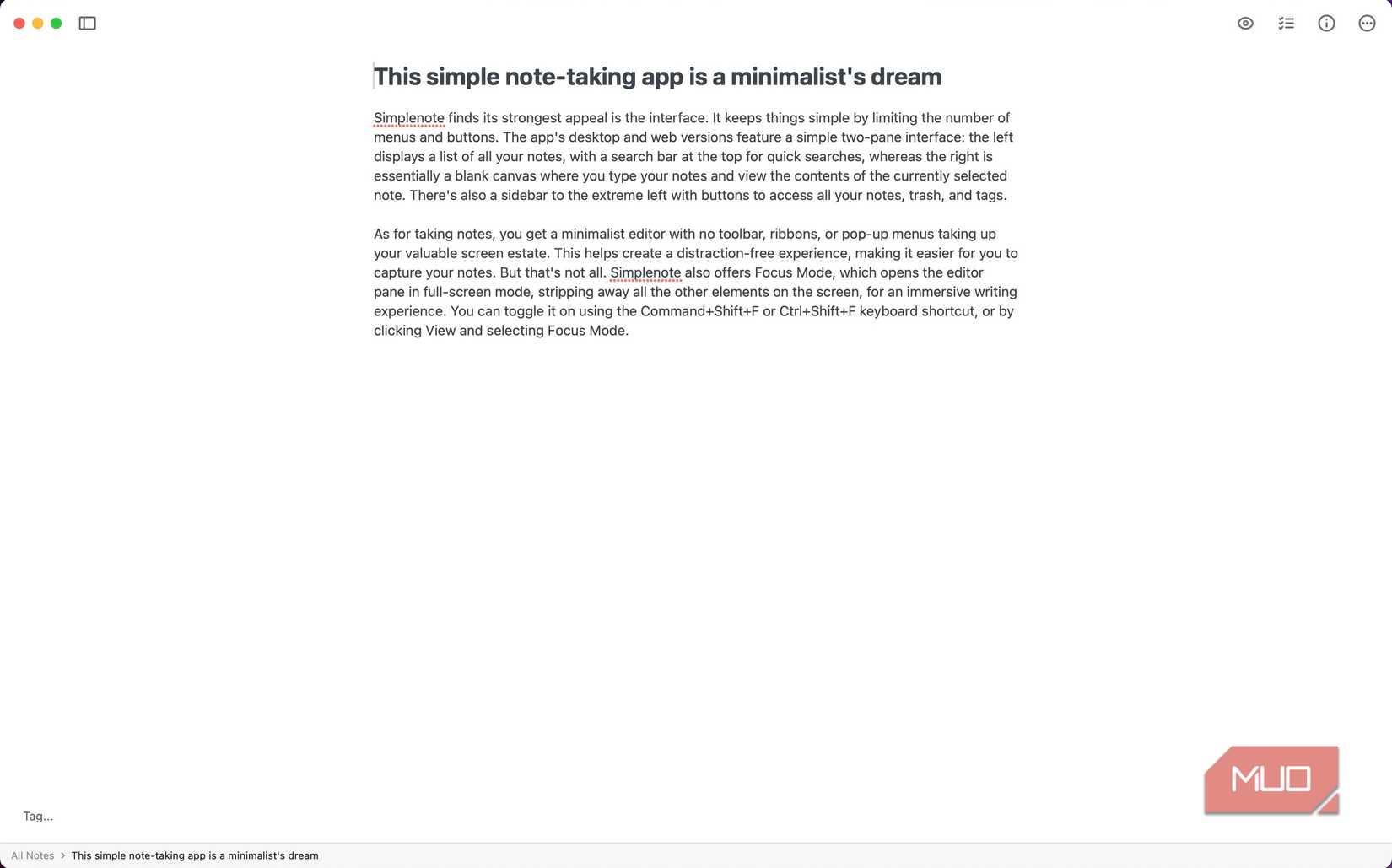 A note open in Focus Mode in the Simplenote app on a MacBook.