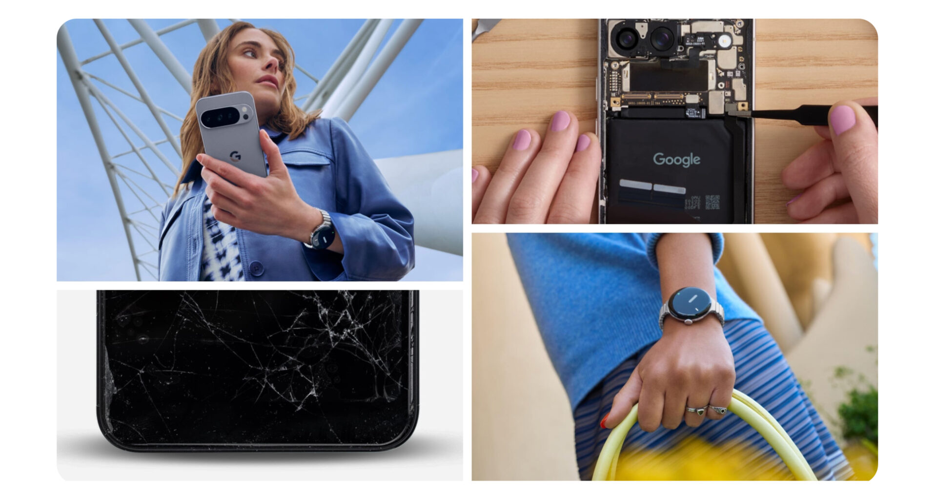 The promotional images for Google's new Pixel Care Plus protection plan.