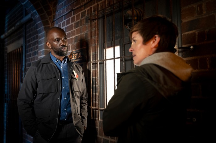 Costello and Becky meet in a darkened alley in Coronation Street