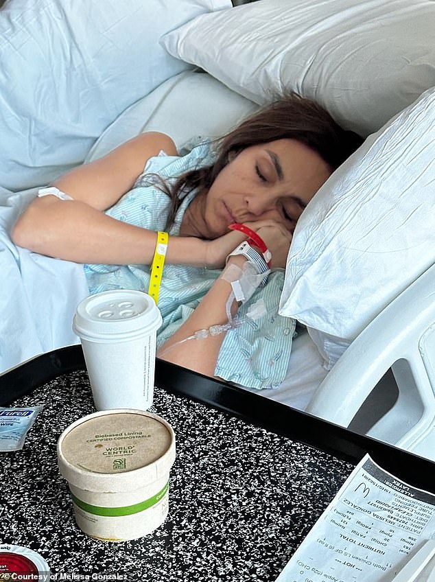 Gonzalez is pictured in the hospital after undergoing emergency surgery for cecal volvulus, a rare type of intestinal blockage
