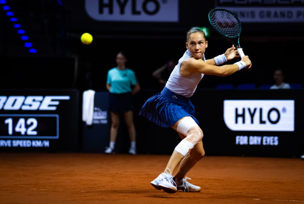 Erika Andreeva plays at the Porsche Tennis Grand Prix 2025 - Day 3