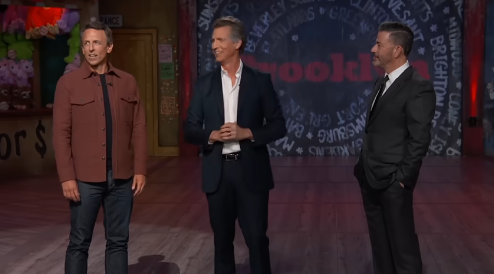Seth Meyers (left) and his brother, actor and comedian Josh Meyers parodying California Gov Gavin Newsom, joined Jimmy Kimmel during his taping of Jimmy Kimmel Live! in Brooklyn Tuesday