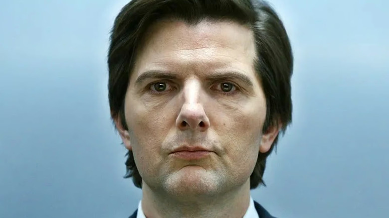 A closeup of Mark in the elevator on Severance