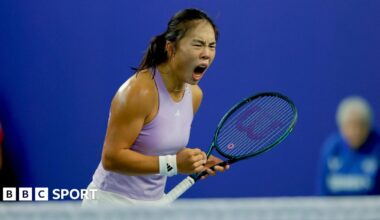 Mimi Xu celebrates after winning a point