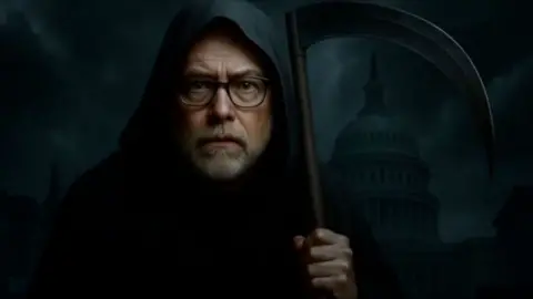 Screenshot: President Trump/Truth Social Russ Vought is dressed as Grim Reaper in dark cloak and hood and carrying a scythe, as depicted in AI video posted by Trump