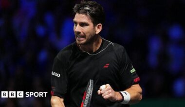 Britain's Cameron Norrie reacts after a point as he plays against Spain's Carlos Alcaraz
