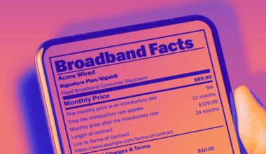 FCC broadband consumer label on a phone colorized in pink and purple