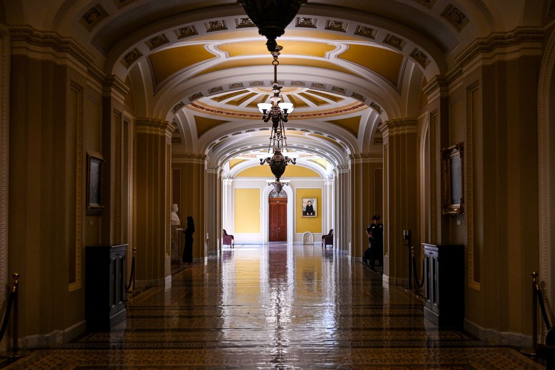 An empty hallway outside of the Senate chamber on the third day of the US government shutdown in Washington, DC.