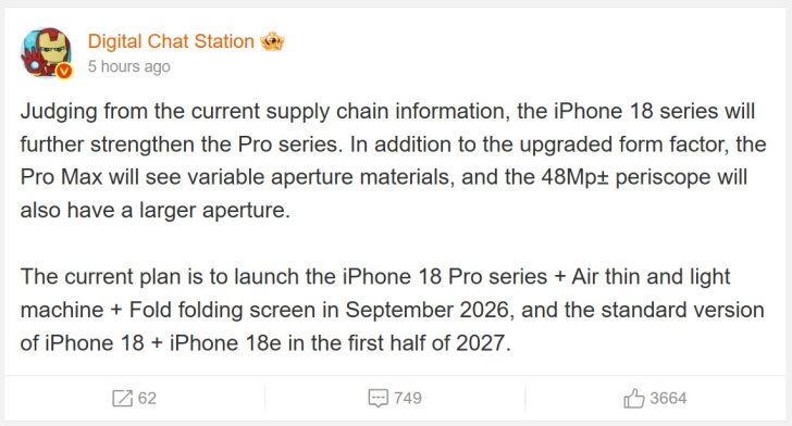 iPhone 18 Pro and iPhone 18 Pro Max to see an aperture upgrade from the 48MP telephoto camera side