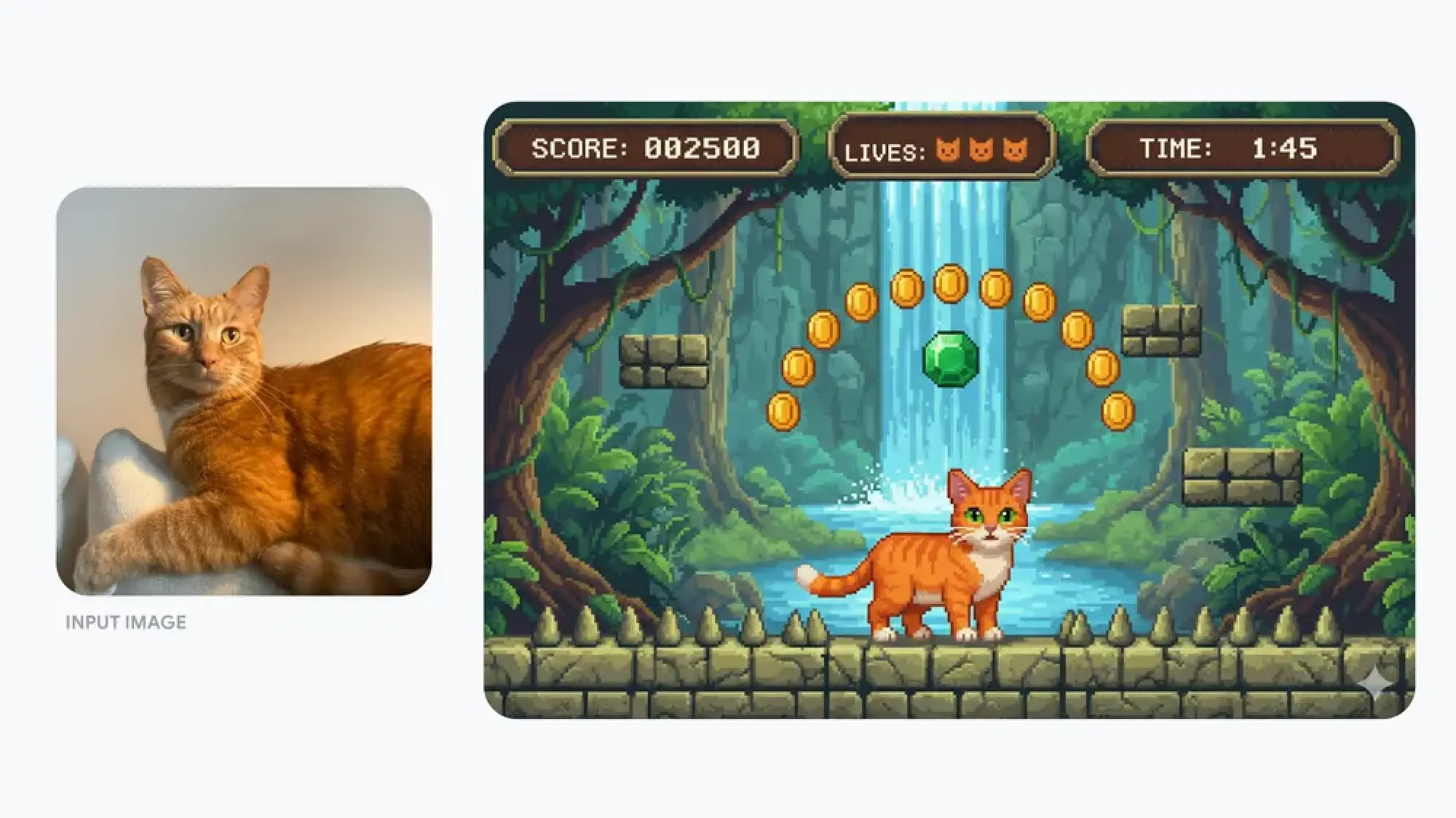 image of a cat in real life and as a 16-bit video game character