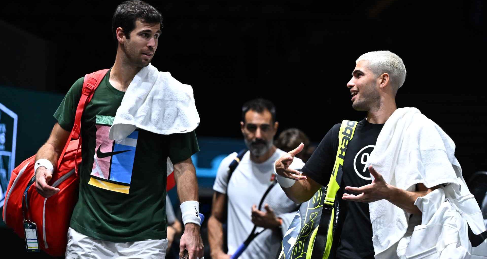 2018 champion Karen Khachanov and World No. 1 Carlos Alcaraz practise in Paris on Friday.