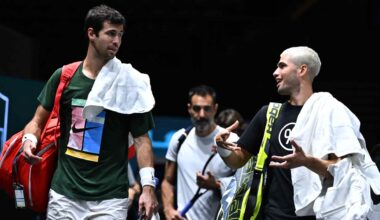 2018 champion Karen Khachanov and World No. 1 Carlos Alcaraz practise in Paris on Friday.