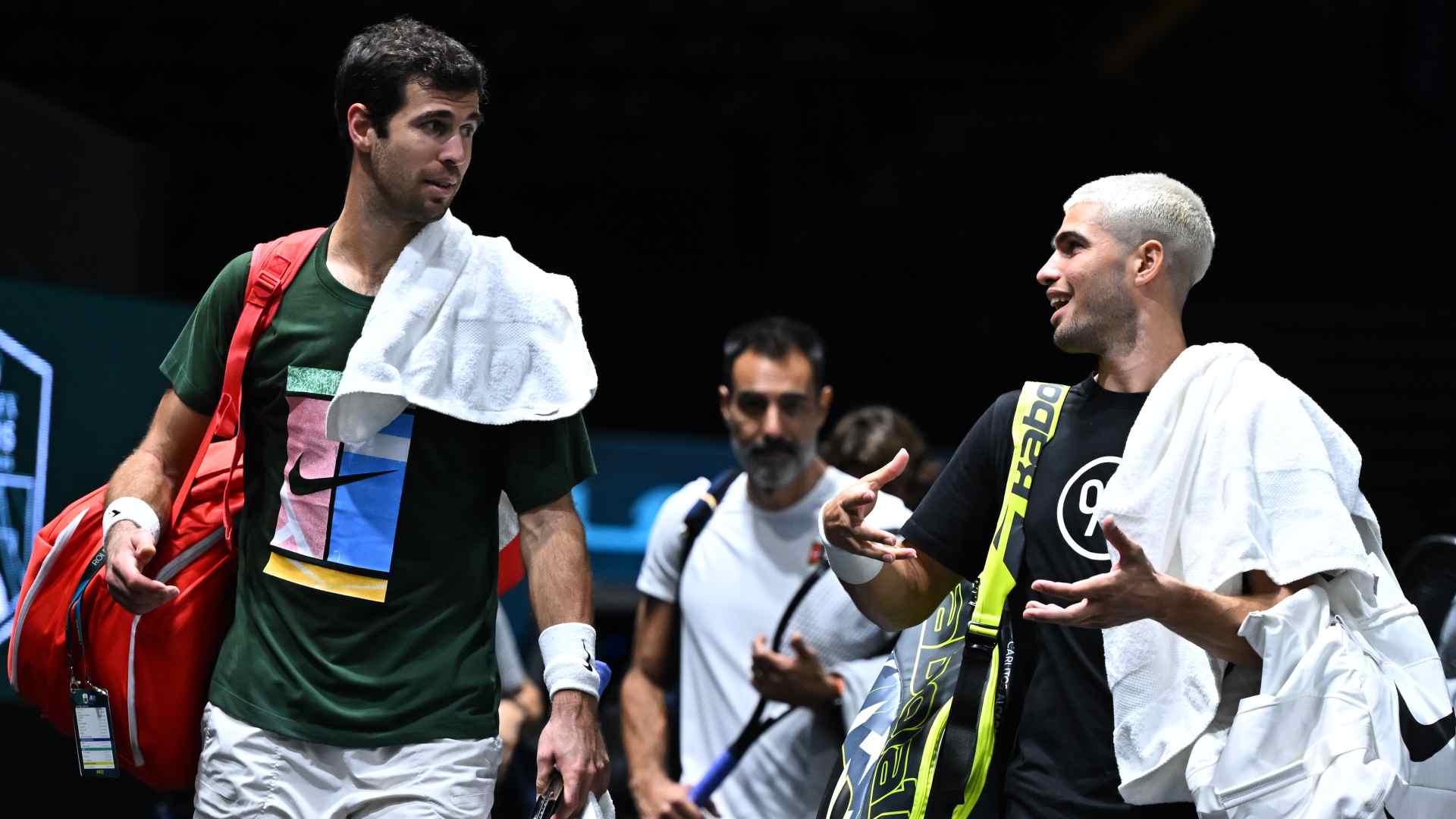 2018 champion Karen Khachanov and World No. 1 Carlos Alcaraz practise in Paris on Friday. 