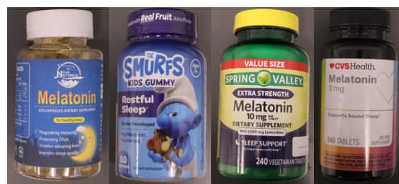 Small containers with the text 'melatonin' on them sitting side-by-side