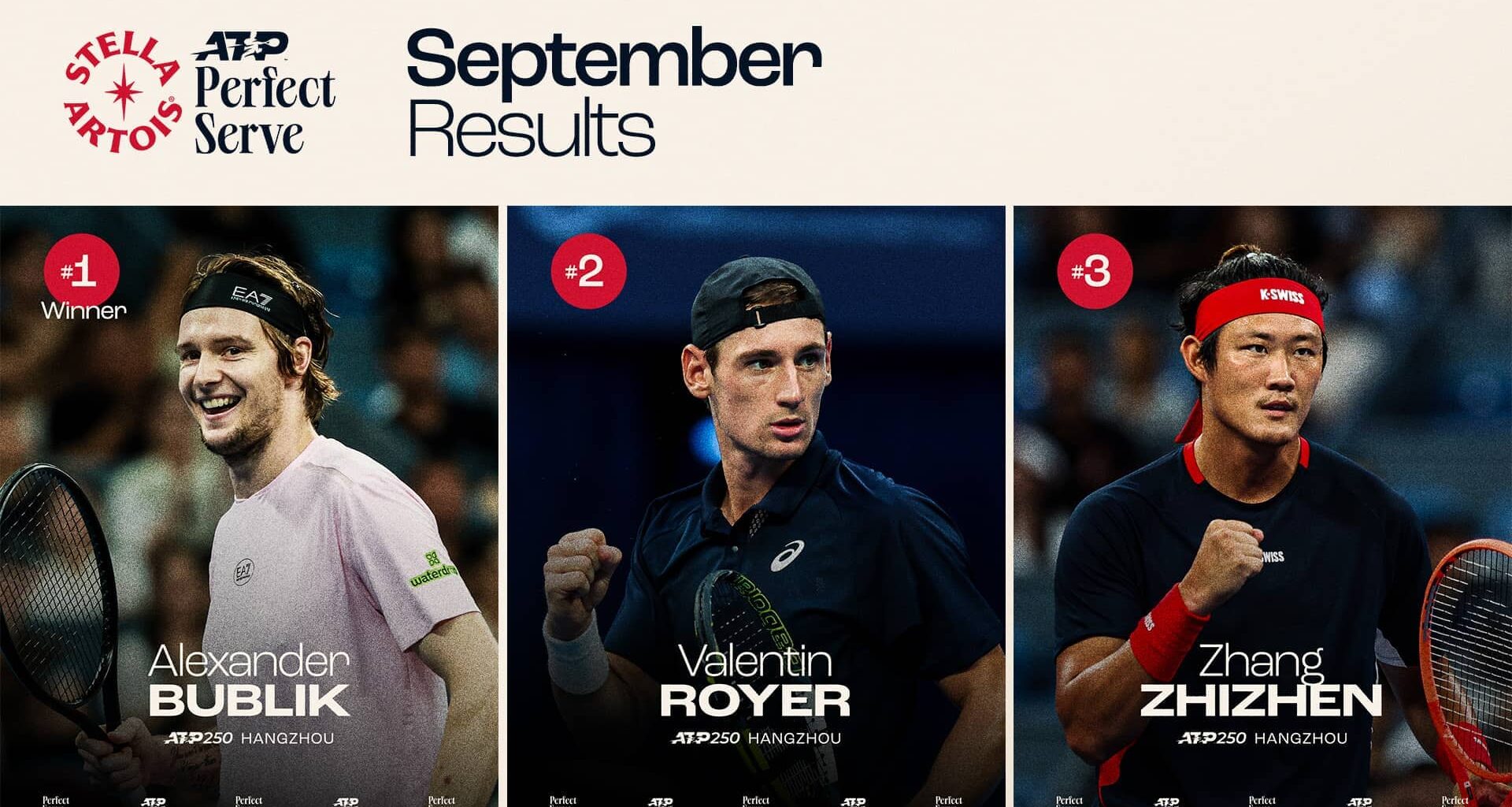 Alexander Bublik wins September's fan-voted Stella Artois ATP Perfect Serve over Valentin Royer and Zhang Zhizhen.