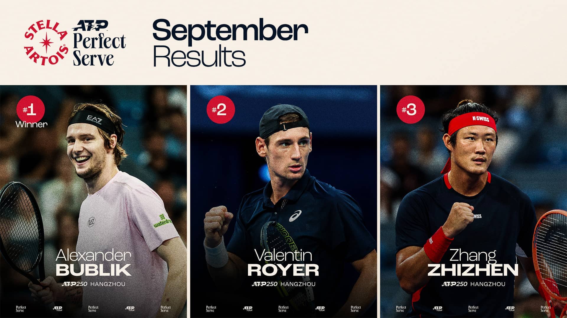 Alexander Bublik wins September's fan-voted Stella Artois ATP Perfect Serve over Valentin Royer and Zhang Zhizhen. 