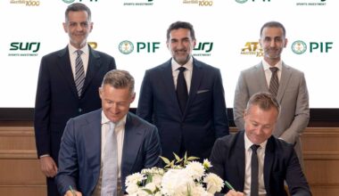 Pictured from left to right: Yazeed A. Al-Humied, Deputy Governor and Head of MENA Investments at PIF; Andrea Gaudenzi, Chairman of the ATP; His Excellency Yasir O. Al-Rumayyan, Governor of PIF; Danny Townsend, CEO of SURJ Sports Investment; and Bandar Mogren, Chairman of SURJ Sports Investment and COO of PIF, gather in Paris, France, to sign a new partnership to bring a 10th ATP Masters 1000 event to Saudi Arabia.