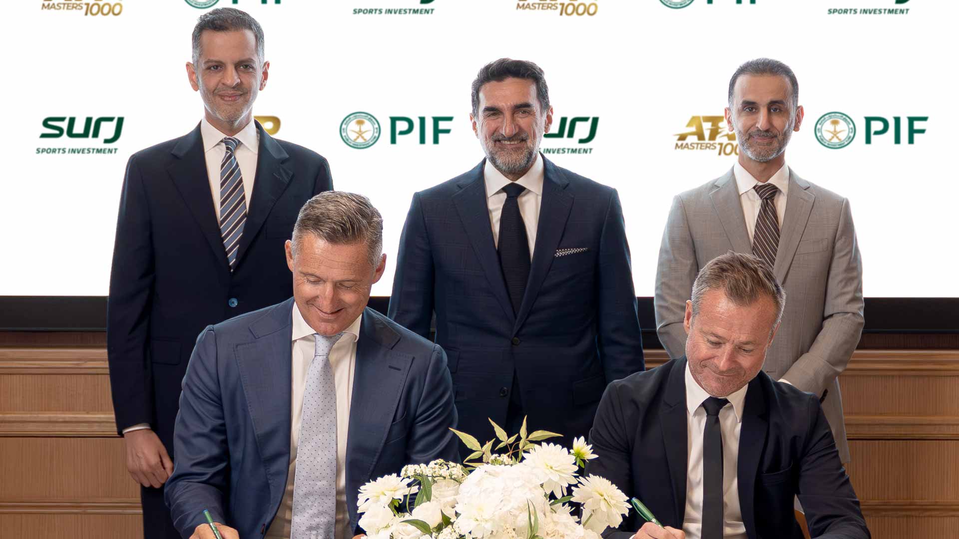 Pictured from left to right: Yazeed A. Al-Humied, Deputy Governor and Head of MENA Investments at PIF; Andrea Gaudenzi, Chairman of the ATP; His Excellency Yasir O. Al-Rumayyan, Governor of PIF; Danny Townsend, CEO of SURJ Sports Investment; and Bandar Mogren, Chairman of SURJ Sports Investment and COO of PIF, gather in Paris, France, to sign a new partnership to bring a 10th ATP Masters 1000 event to Saudi Arabia.