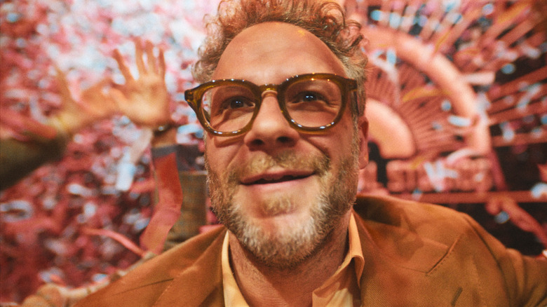 Seth Rogen's Matt Remick looking ecstatic against a red-hued backdrop on The Studio