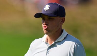 Europe's Rasmus H..jgaard reacts on the sixth hole at Bethpage Black golf course during the Ryder Cup golf tournament, Friday, Sept. 26, 2025, in Farmingdale, N.Y. (AP Photo/Seth Wenig)