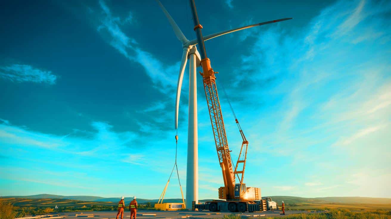 Illustration of a wind turbine with 100-foot diameter and 14.5-meter blades being lifted for assembly on crane day.