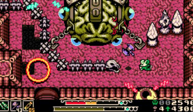 Retro pixel art shows a mouse fighting a skeleton snake.