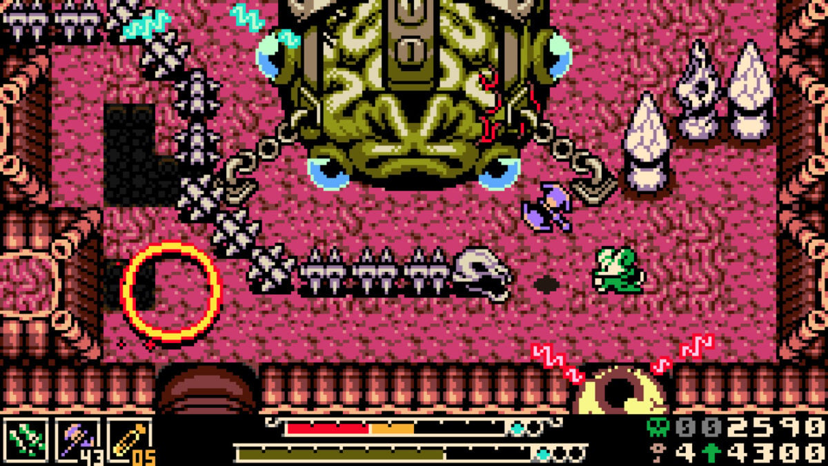 Retro pixel art shows a mouse fighting a skeleton snake.