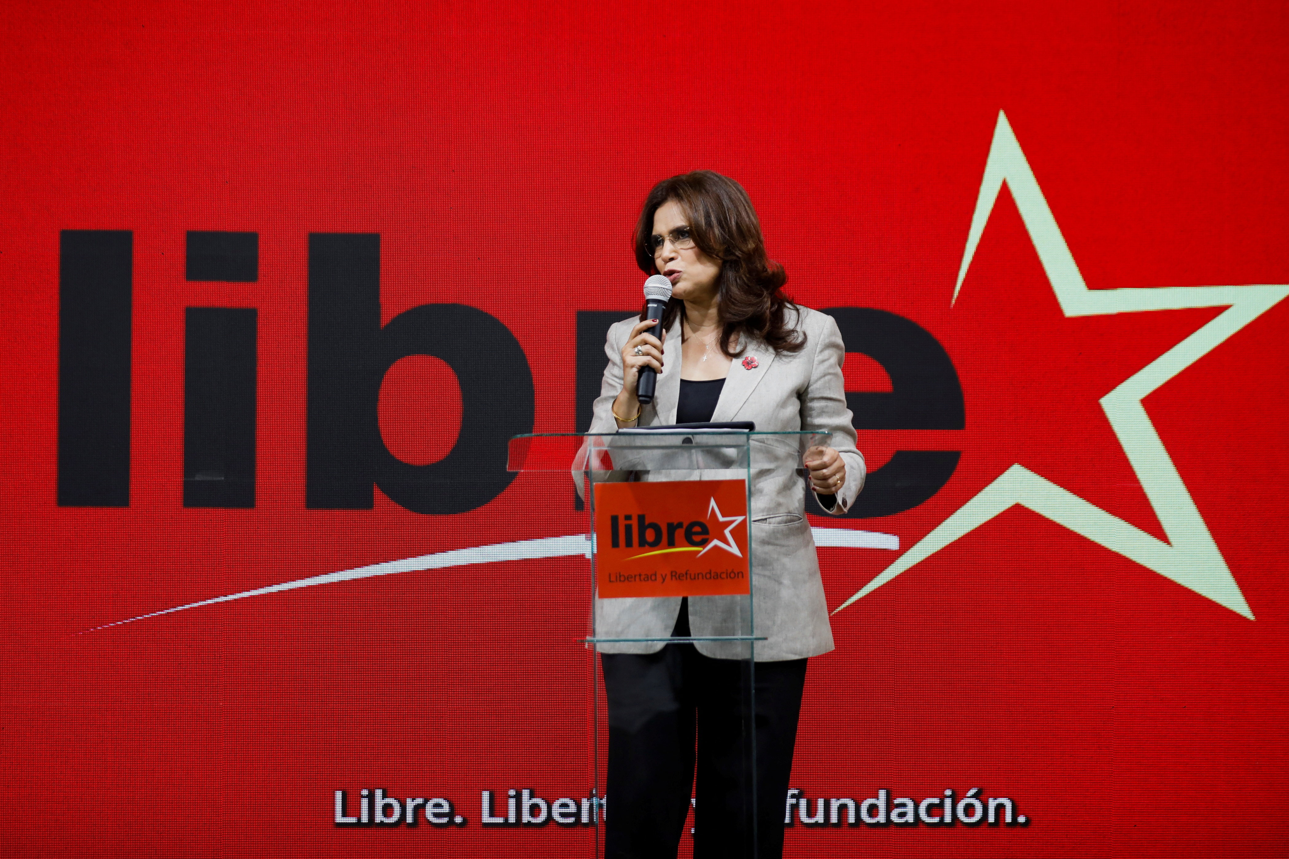 Honduran presidential candidate Rixi Moncada speaking at a press conference.