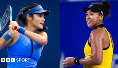 Split picture of Emma Raducanu and Naomi Osaka in action