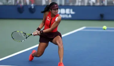 Alexandra Eala of the Philippines returns against Cristina Bucsa of Spain at the US Open.