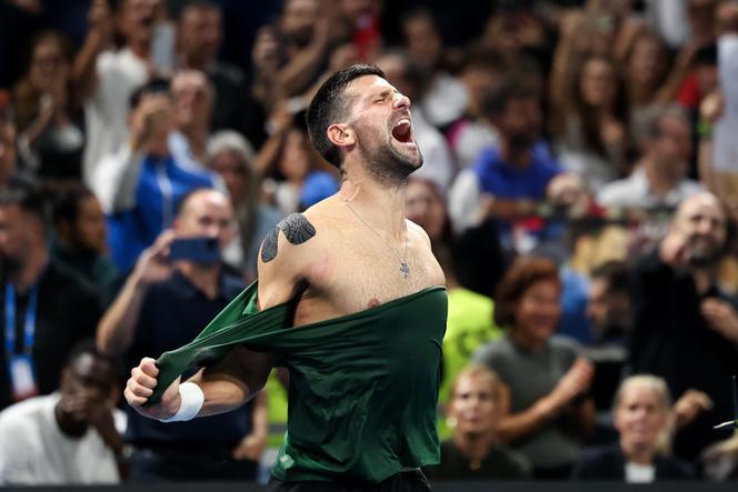 Novak Djokovic of Serbia reacts after winning the ATP 250 tennis tournament final match against Lorenzo Musetti of Italy, in Athens, Greece, November 8, 2025. 