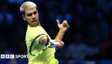 Carlos Alcaraz hits a forehand during the ATP Finals in Turin