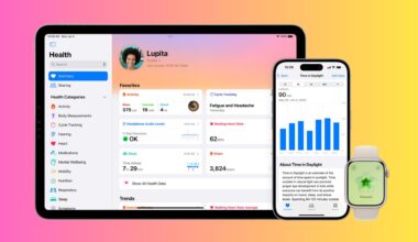 An Apple iPad displaying a health overview with categories like 'Activity,' 'Hearing,' and 'Sleep,' alongside an iPhone showing a 'Time in Daylight' graph, and an Apple Watch displaying a 'Pleasant' health icon.