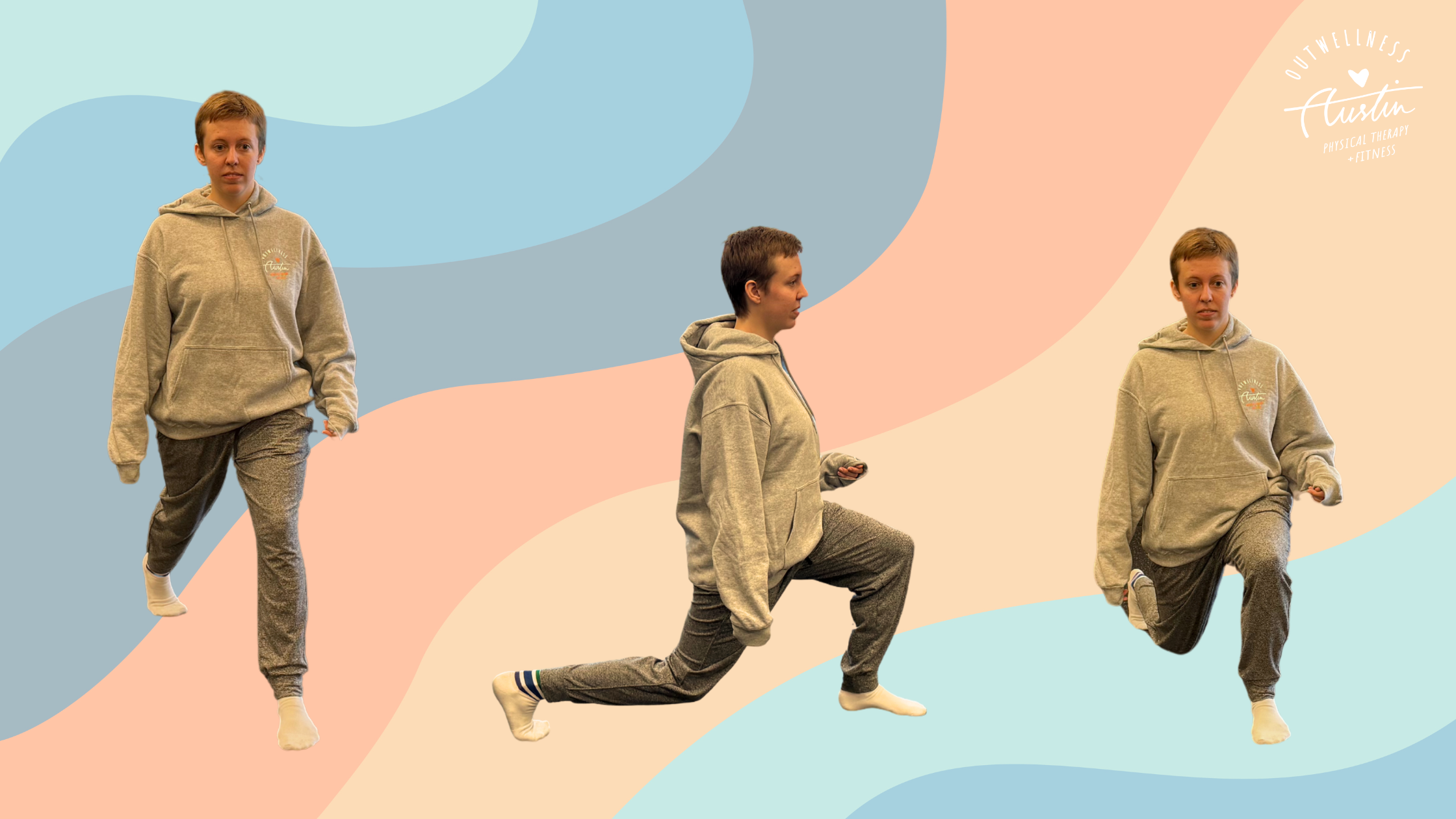 Composite image showing person demonstrating a lunge from different angles against a graphic background