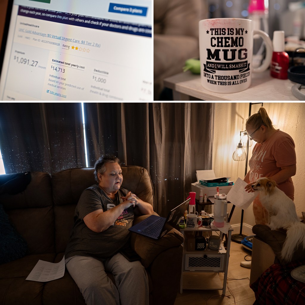 Top left: Theresa Hebert's results after updating her information on the ACA Marketplace website at her home in Groves on November 1, 2025. Top right: Hebert's coffee cup, gifted to her by her good friend and roommate while undergoing cancer treatment, sits on a table in their living room. Bottom: As their dog Bentley looks on, Hebert, left, and her good friend and roommate, April Dattalo print out Hebert's results after updating her information on the Marketplace website.