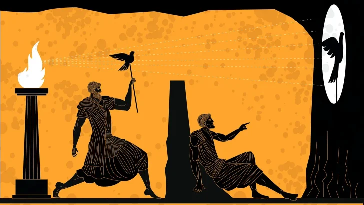 Silhouetted figures in an ancient cave holding a bird in front of a large flame, with another figure pointing towards a shadow on the wall.