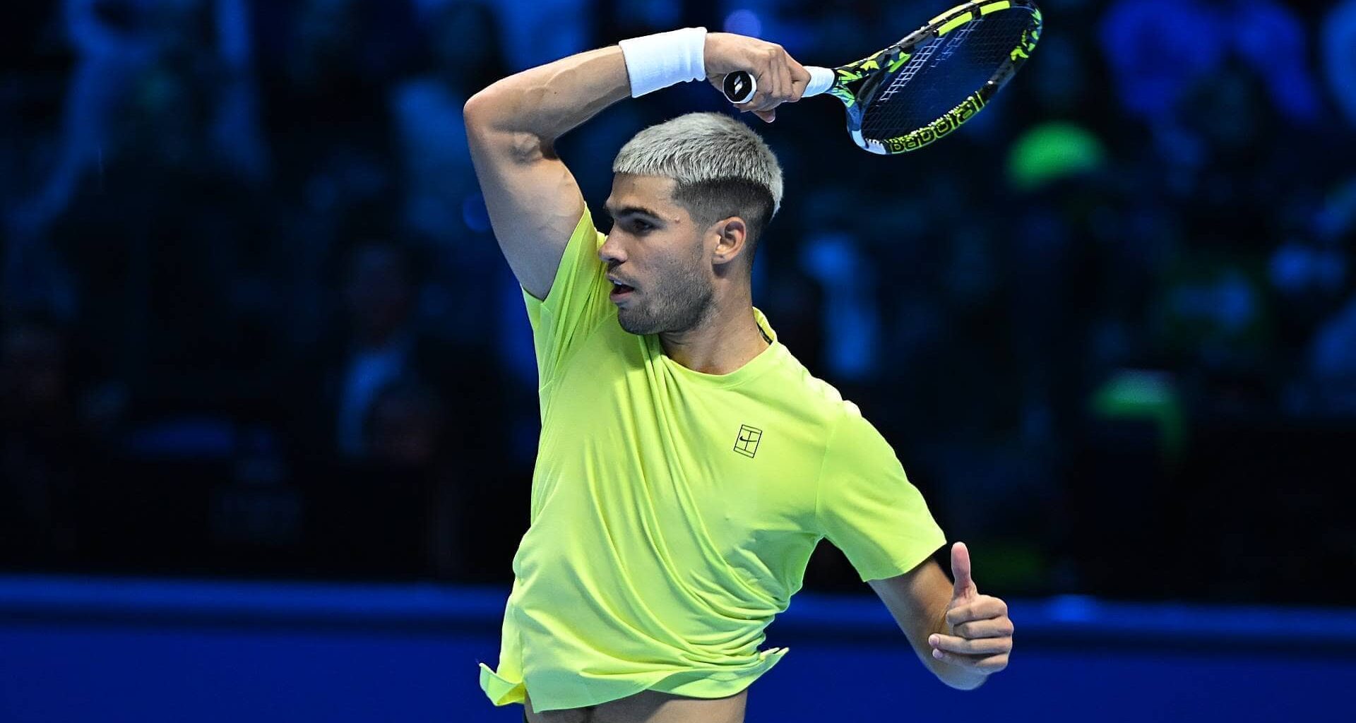 Carlos Alcaraz in action at the Nitto ATP Finals on Sunday.