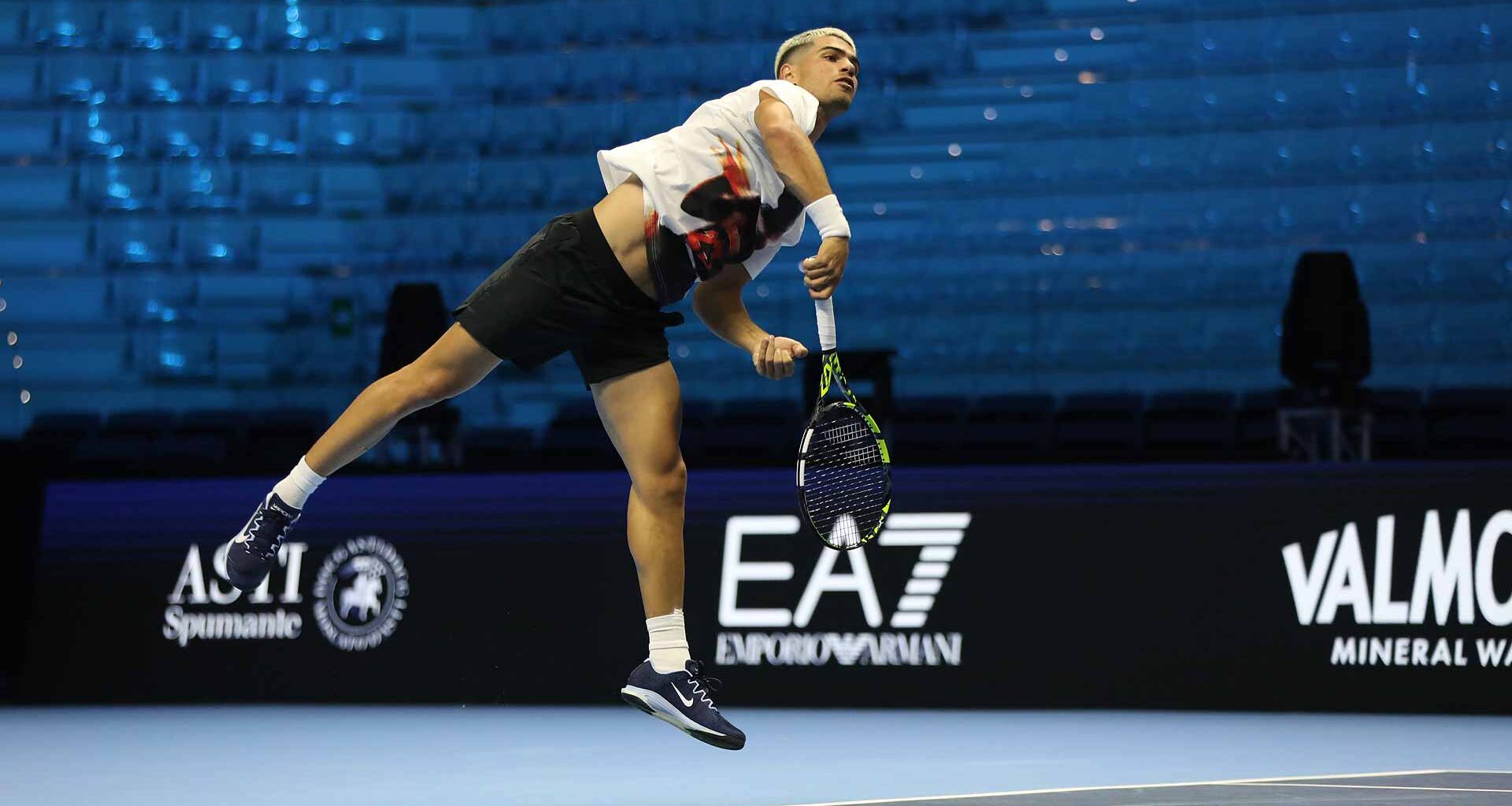 Carlos Alcaraz practises Wednesday ahead of the Nitto ATP Finals in Turin, Italy.