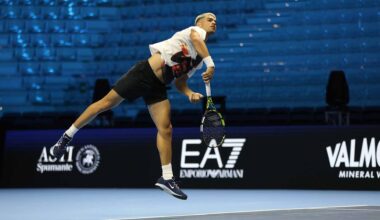 Carlos Alcaraz practises Wednesday ahead of the Nitto ATP Finals in Turin, Italy.