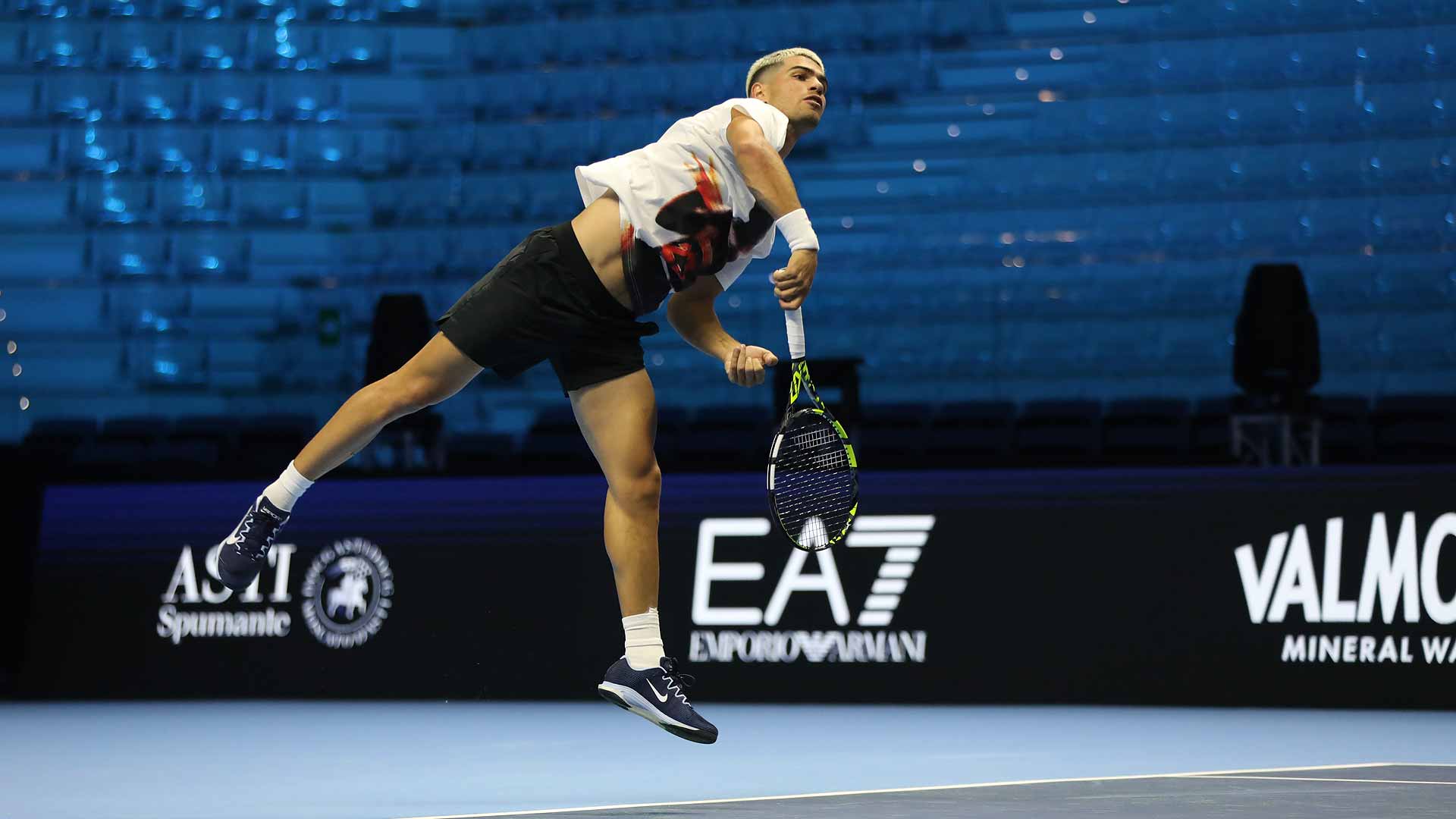 Carlos Alcaraz practises Wednesday ahead of the Nitto ATP Finals in Turin, Italy.