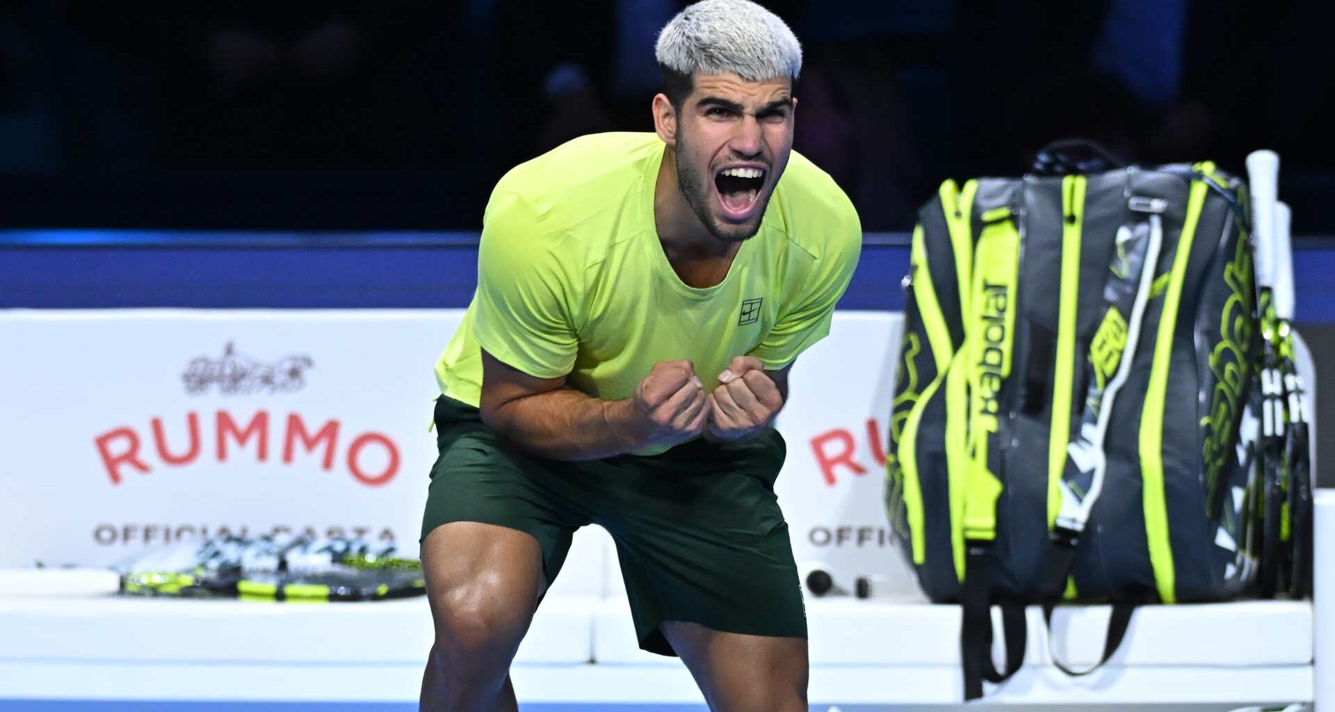 Carlos Alcaraz celebrates securing ATP Year-End No. 1 presented by PIF honours for the second time.