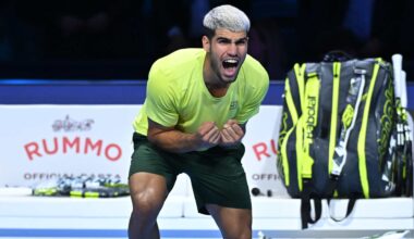 Carlos Alcaraz celebrates securing ATP Year-End No. 1 presented by PIF honours for the second time.