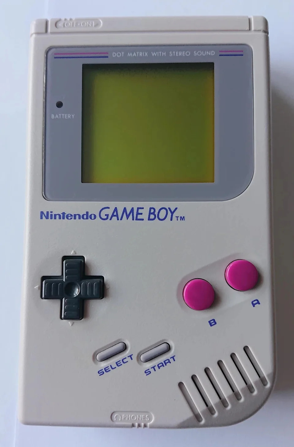 Nintendo Game Boy handheld console with D-pad, A/B buttons, and "Select" and "Start" buttons below the screen